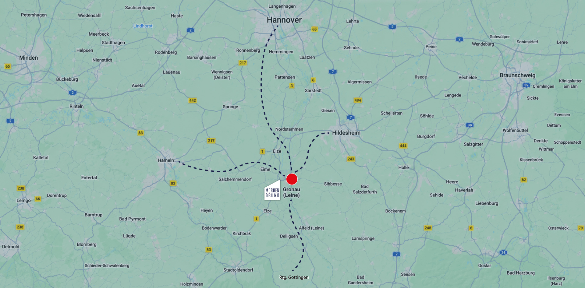 Karte mit eingezeichneten Gebieten wie Gronau, Hannover Hildesheim, Richtung Göttingen und Hameln